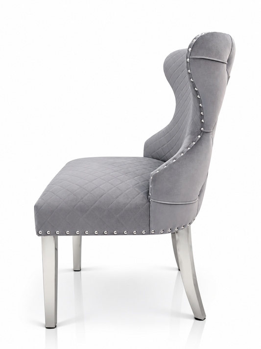 Grey Velvet Chelsea Lion Head Knockerback Chair – Side Profile View With Chrome Legs