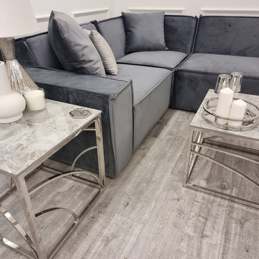Aluxo Midland Corner Sofa Steel Velvet – Close Up Fabric & Upholstery Texture Detail
