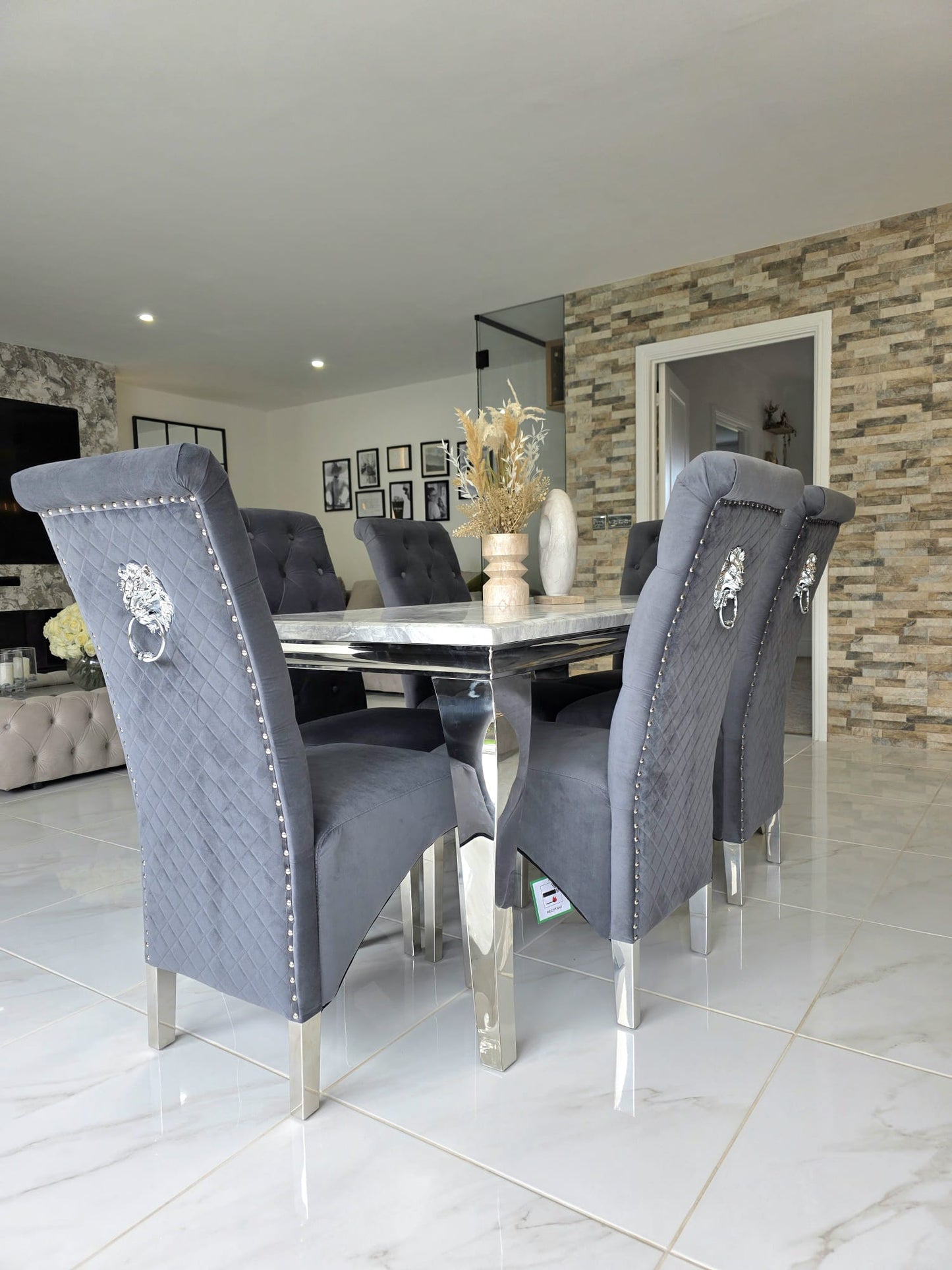 Trafalgar Rectangle Marble Dining Table Set With Tall Back Knockerback Chairs