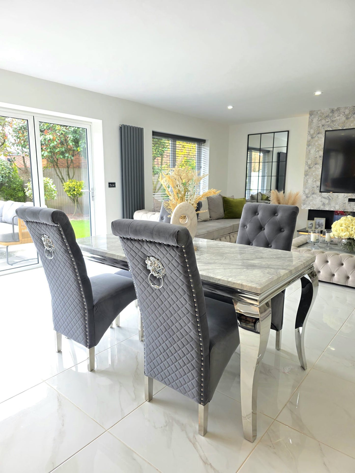 Trafalgar Rectangle Marble Dining Table Set With Tall Back Knockerback Chairs
