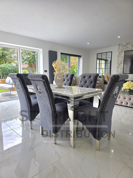 Trafalgar Rectangle Marble Dining Table Set With Tall Back Knockerback Chairs