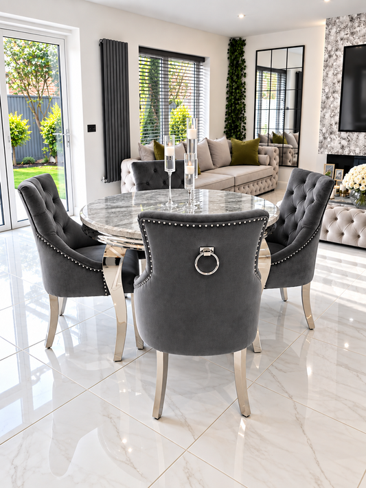 Alexander Louis Marble Round Dining Set – Lifestyle View, Dark Grey Bull Ring Knockerback Chairs | Starlight Distribution