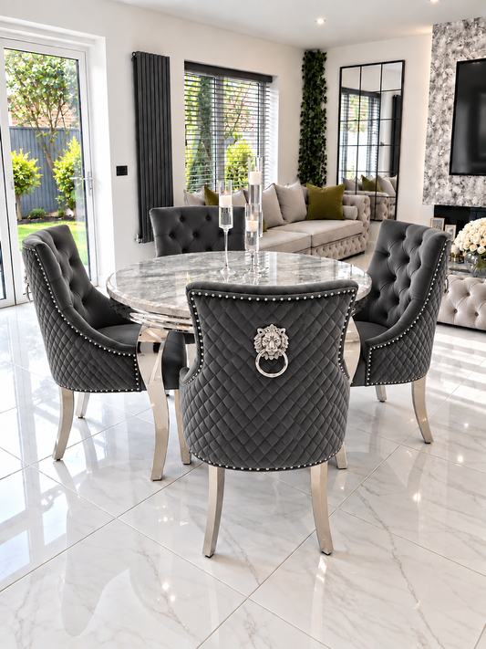 Alexander Louis Marble Round Dining Set – Lifestyle View, Dark Grey Lion Head Knockerback Chairs | Starlight Distribution