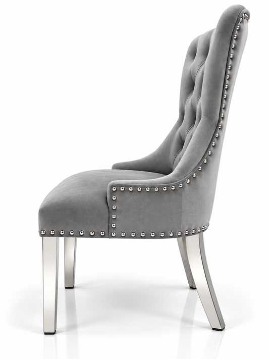 Louis Trafalgar Bull Ring Knockerback Dining Chair – Light Grey Velvet Side Profile with Chrome Legs | Starlight Distribution