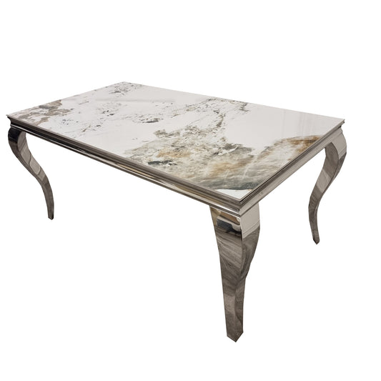 Trafalgar Solid Marble Dining Table Chrome. (Tabletop Colour Options Available) – Close Up Chair Fabric & Leg Detail