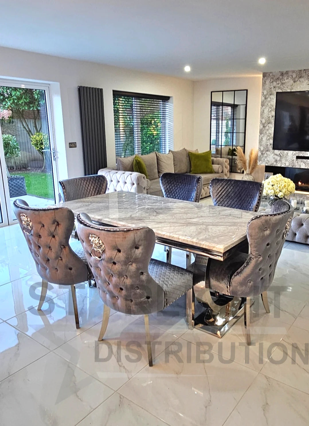 Arianna Rectangle Marble Dining Table Set With Bull Ring Knockerback Chairs