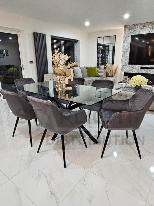 Amalfi Glass Dining Table Set With 6 French Velvet Chairs – Close Up Chair Fabric & Leg Detail