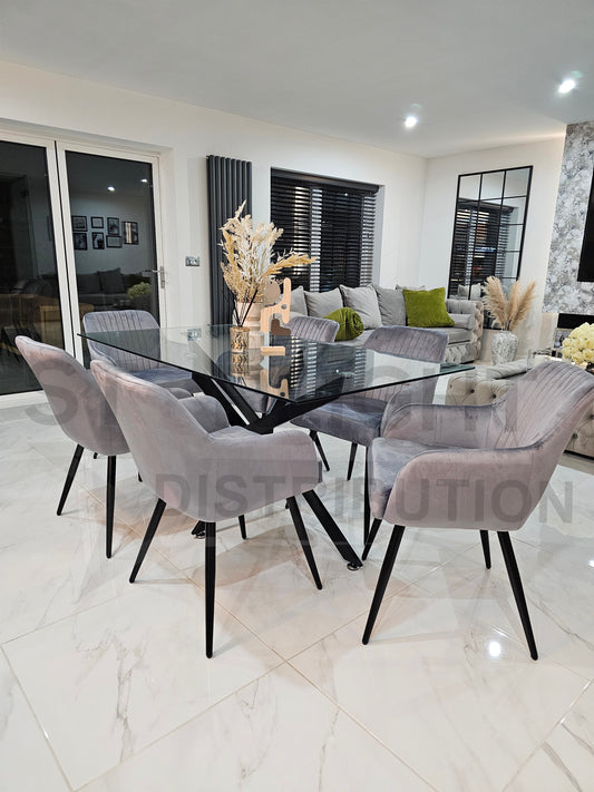 Amalfi Glass Dining Table Set With 6 French Velvet Chairs