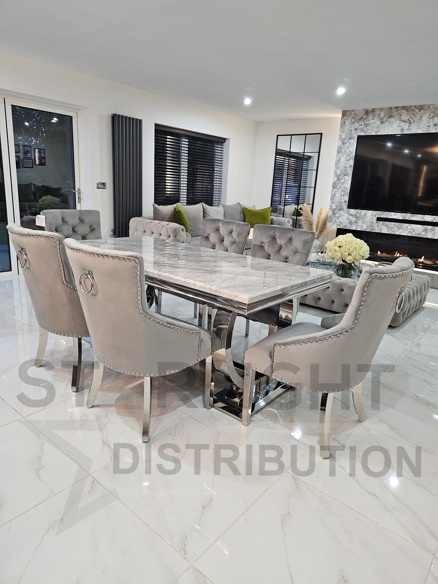 Arianna Rectangle Marble Dining Table Set With Bull Ring Knockerback Chairs