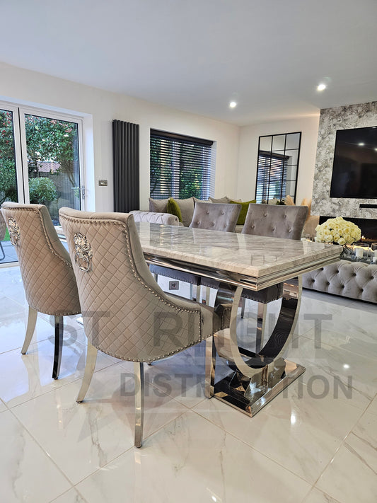 Arianna Rectangle Marble Dining Table Set With Lion Head Chairs – Close Up Chair Fabric & Leg Detail