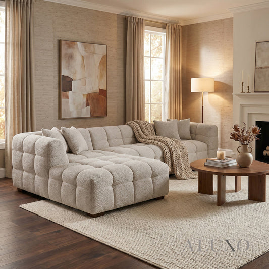Aluxo Tribeca Bubble Left Hand Facing (LHF) Corner Sofa – Oatmeal Beige Bouclé – Side Angle & Layout View