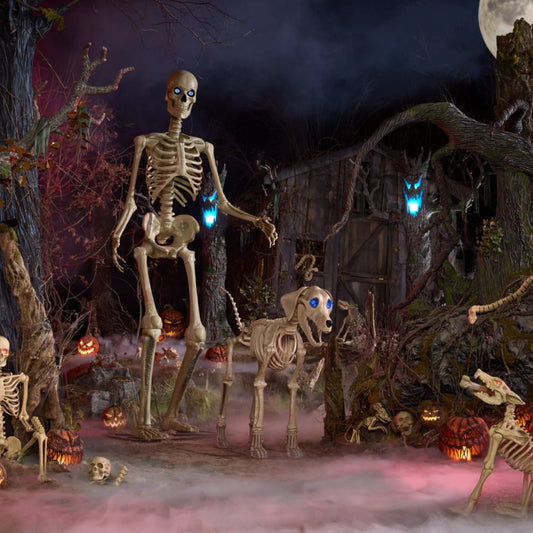 Giant 7ft Skelly's Dog Halloween Prop – Outdoor Halloween Scene with 12ft Skeleton & Posable Jaw Detail | Starlight Distribution