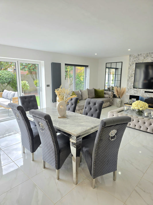 Trafalgar Rectangle Marble Dining Table Set With Tall Back Knockerback Chairs – Close Up Chair Fabric & Leg Detail