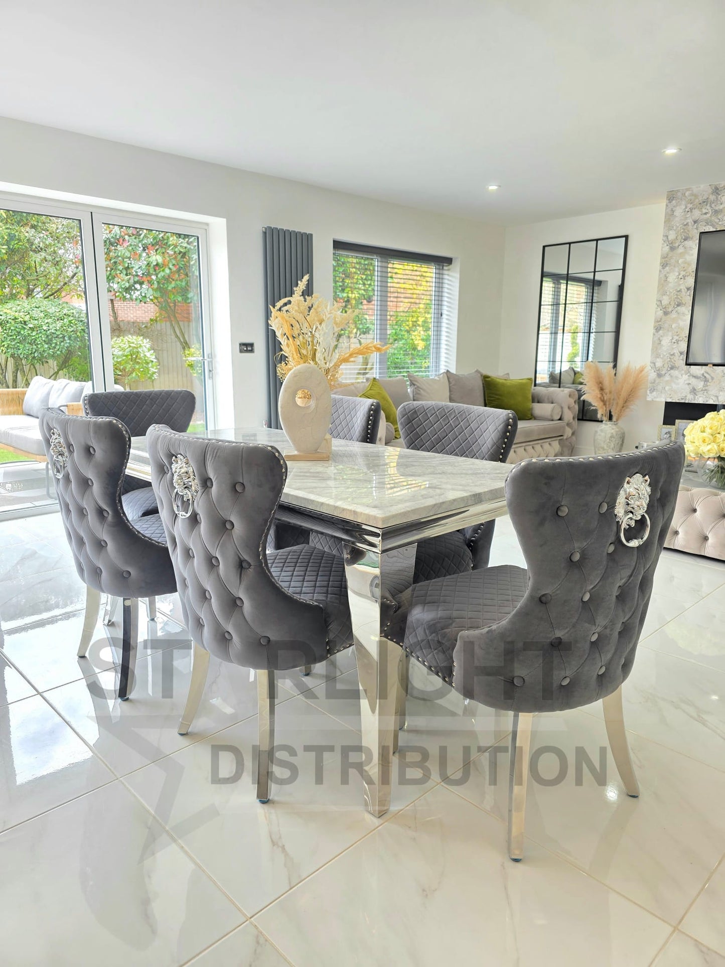 Trafalgar Rectangle Marble Dining Table Set With Chelsea Knockerback Chairs