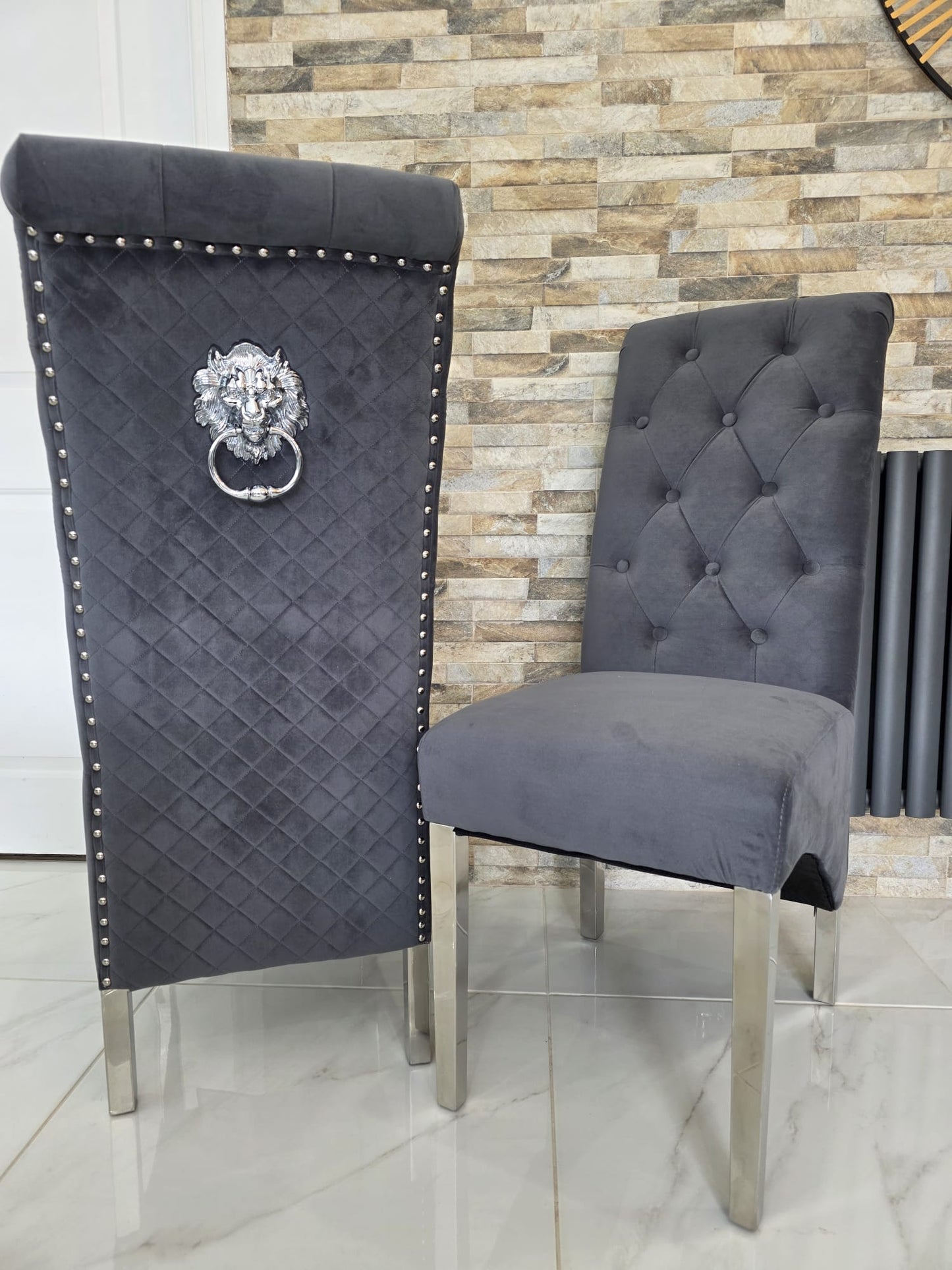 Trafalgar Rectangle Marble Dining Table Set With Tall Back Knockerback Chairs
