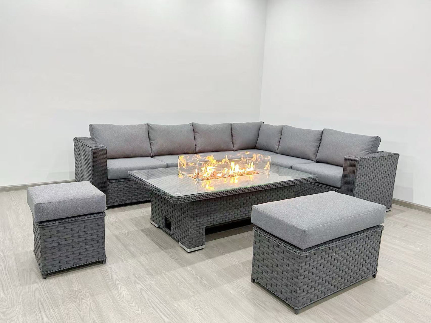 Rosewood Rise & Fall Corner Rattan Garden Furniture Set With FIREPIT Table