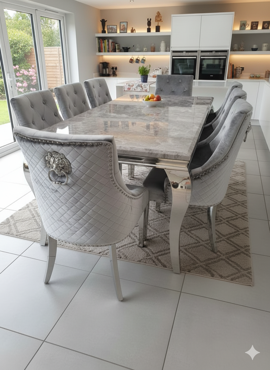 Trafalgar Marble Dining Table Set With Lion Head Knockerback Chairs
