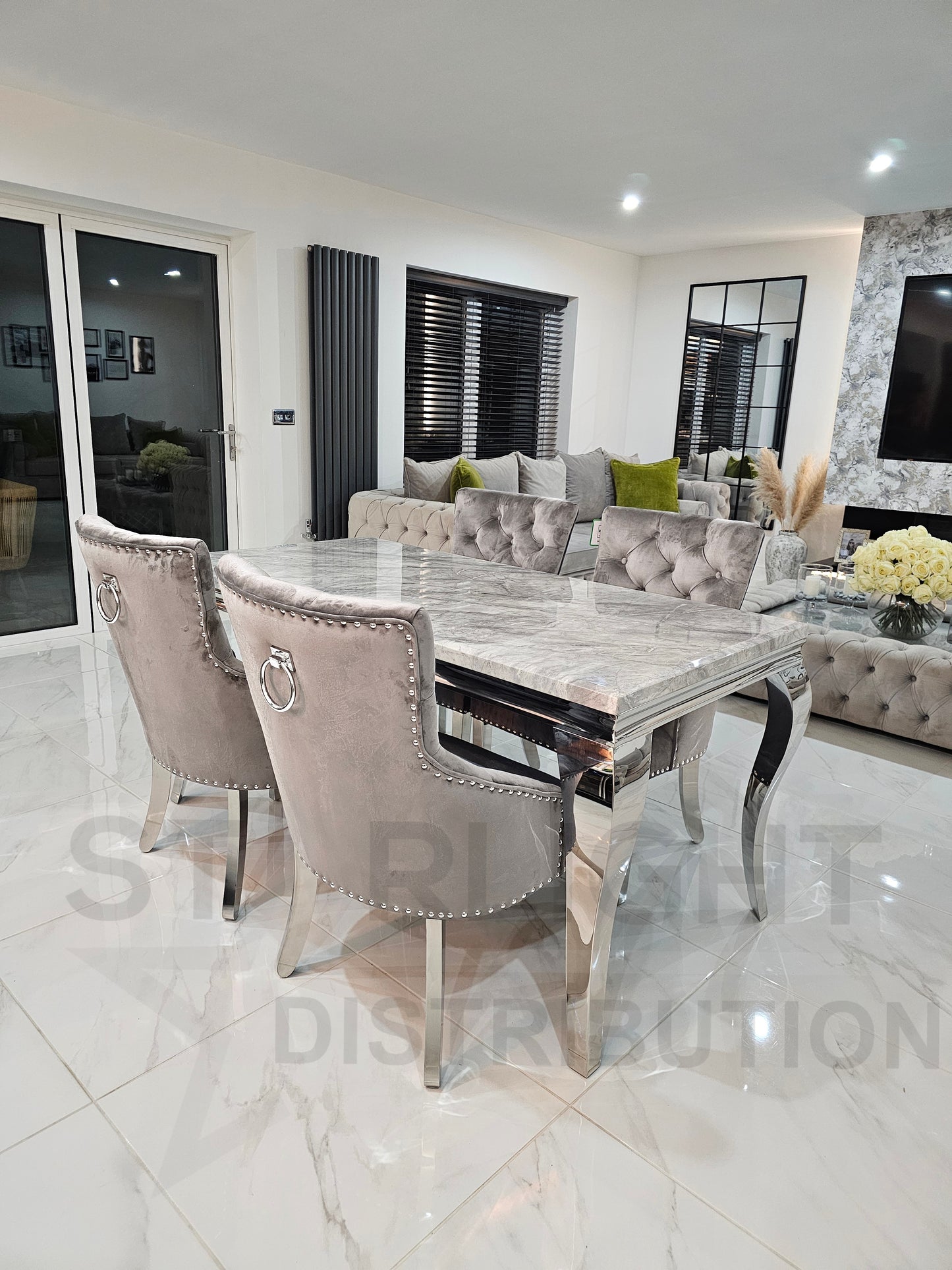Trafalgar Rectangle Marble Dining Table Set With Bull Ring Knockerback Chairs