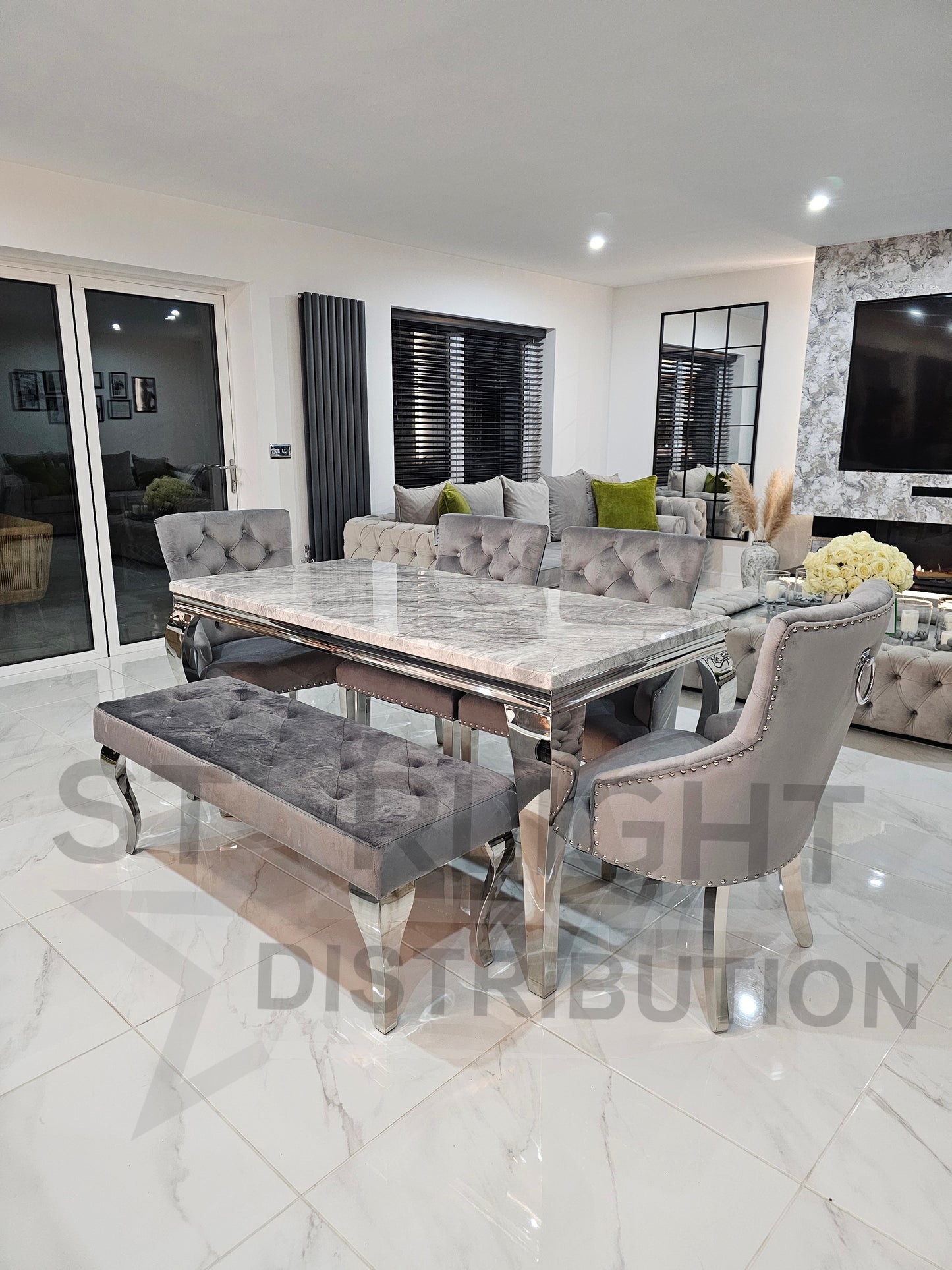 Trafalgar Rectangle Marble Dining Table Set With Bull Ring Knockerback Chairs