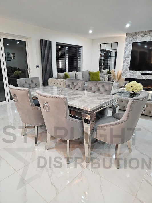 Trafalgar Rectangle Marble Dining Table Set With Bull Ring Knockerback Chairs