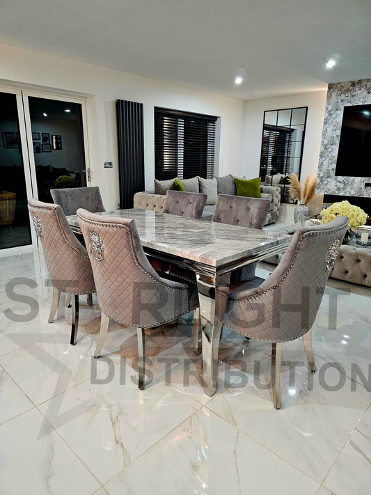 Trafalgar Marble Dining Table Set With Lion Head Knockerback Chairs