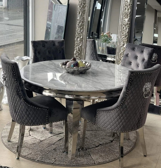 Alexander Round Marble Dining Set & 4 Lion Head Knockerback Chairs