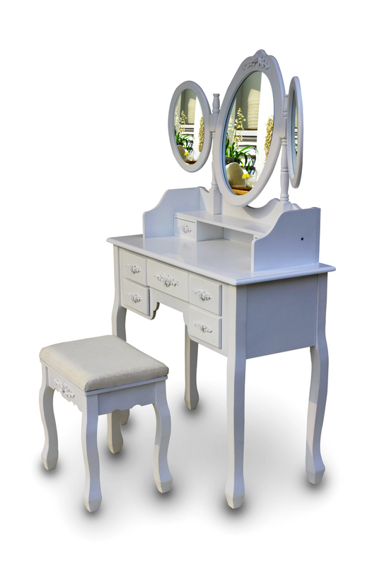 Shabby Chic 7 Drawer Dressing Table With 3 Mirrors & Stool – Close Up Drawer & Material Finish Detail
