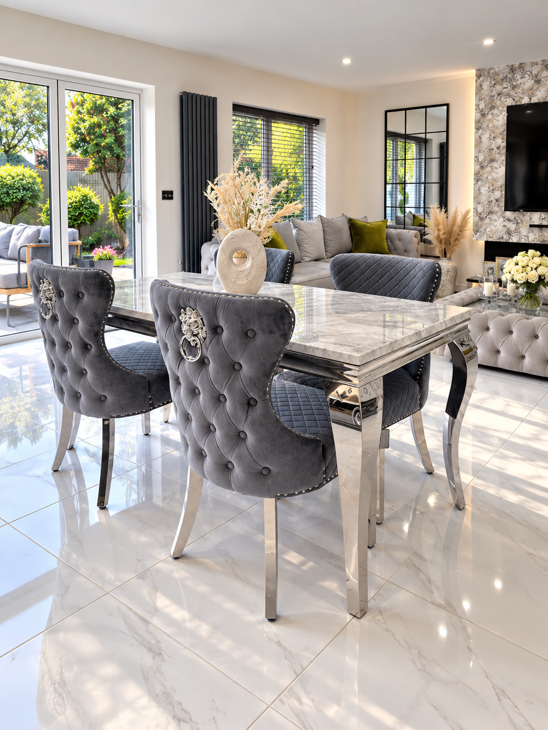 Trafalgar Rectangle Marble Dining Table Set With Chelsea Knockerback Chairs