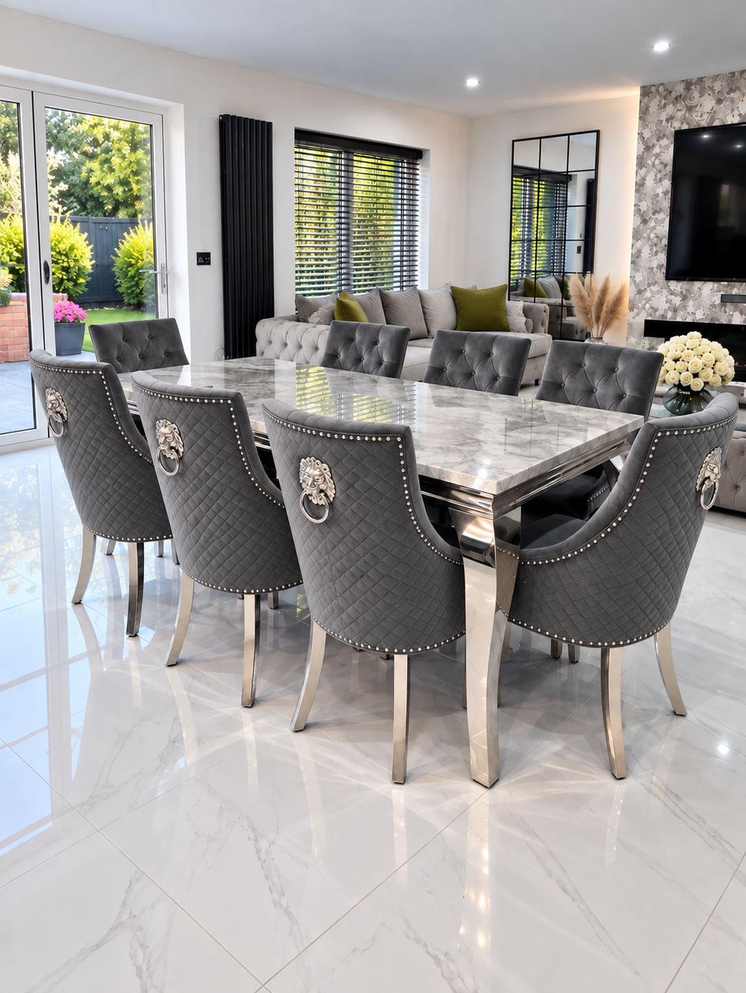 Louis Trafalgar Marble Dining Set – 8 Dark Grey Lion Head Knockerback Chairs Wide Lifestyle View | Starlight Distribution


