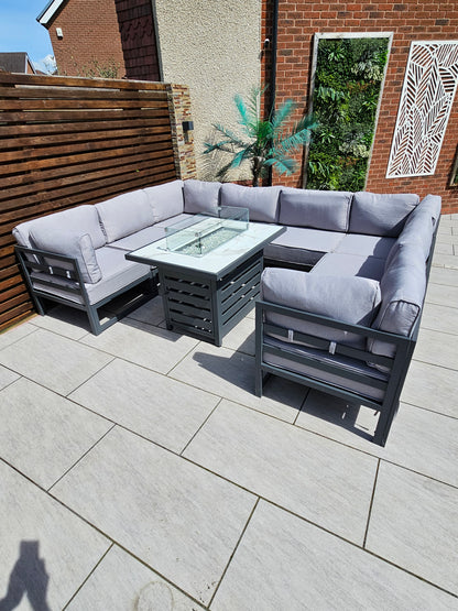 The Harlow Premium Aluminium 9 Seater Garden Set Inc Marble Effect Fire Pit Table