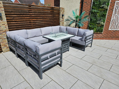 The Harlow Premium Aluminium 9 Seater Garden Set Inc Marble Effect Fire Pit Table