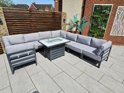 The Harlow Premium Aluminium 9 Seater Garden Set Inc Marble Effect Fire Pit Table