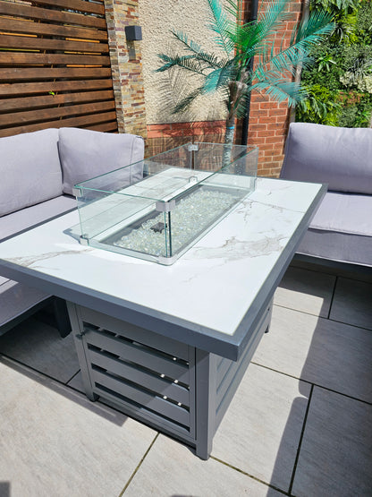 The Harlow Premium Aluminium 9 Seater Garden Set Inc Marble Effect Fire Pit Table