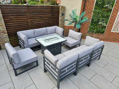 The Harlow Premium Aluminium 9 Seater Garden Set Inc Marble Effect Fire Pit Table