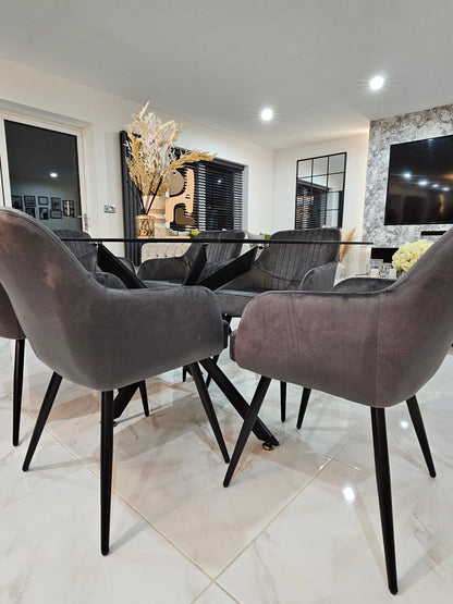 Amalfi Glass Dining Table Set With 6 French Velvet Chairs