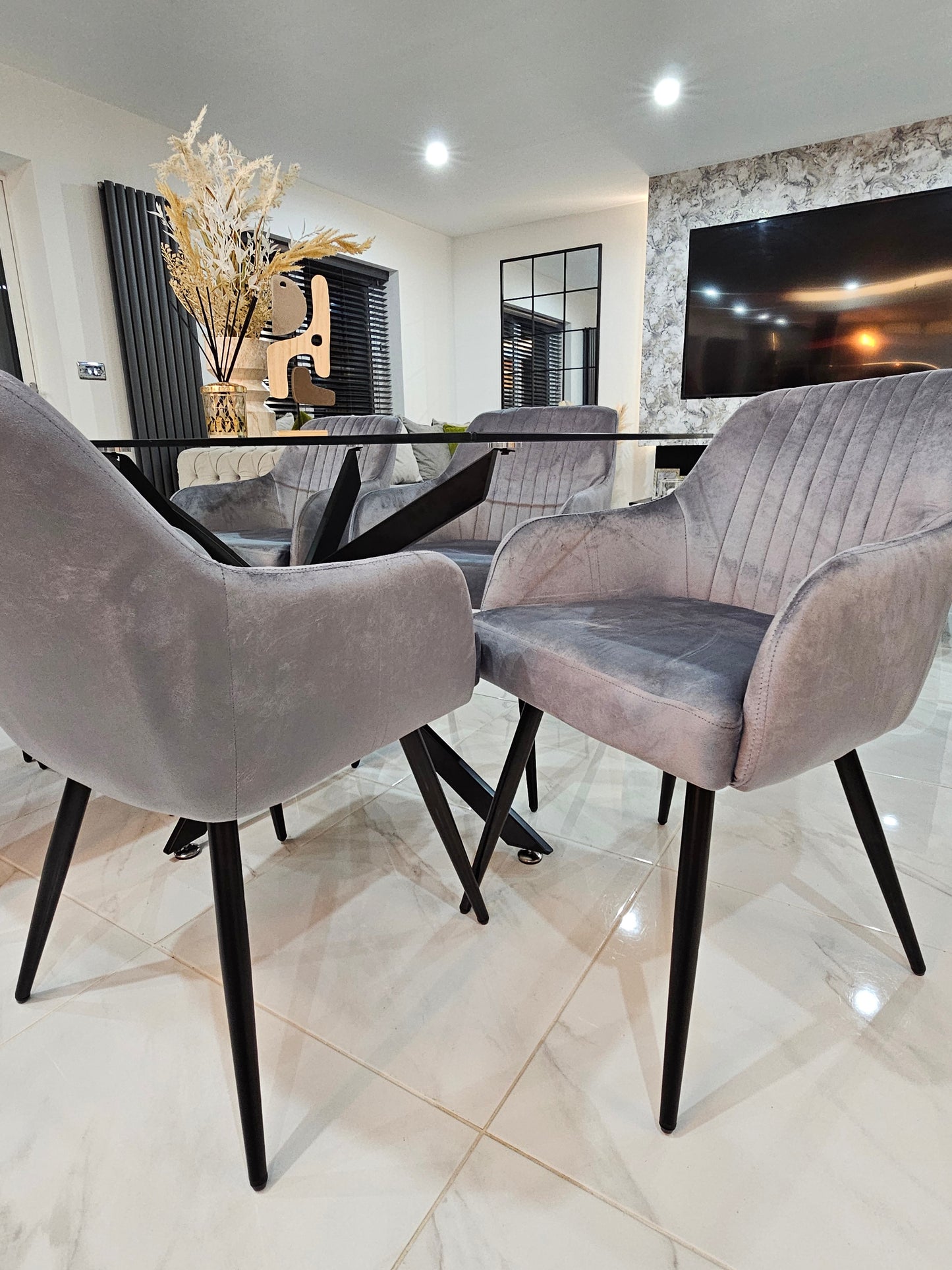 Amalfi Glass Dining Table Set With 6 French Velvet Chairs