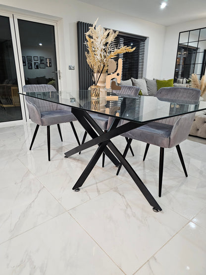 Amalfi Glass Dining Table Set With 6 French Velvet Chairs