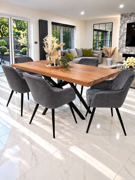 Arden Dining Set – Angled View of Oak-Effect Table with 6 Dark Grey Velvet Chairs | Starlight Distribution