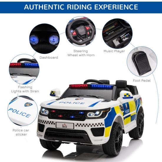 12V Ride-On Police Car with Bluetooth, Lights, and Sirens