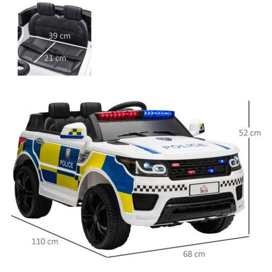 12V Ride-On Police Car With Bluetooth, Lights & Sirens – Close Up Dashboard, Wheels & Leather Seat Detail