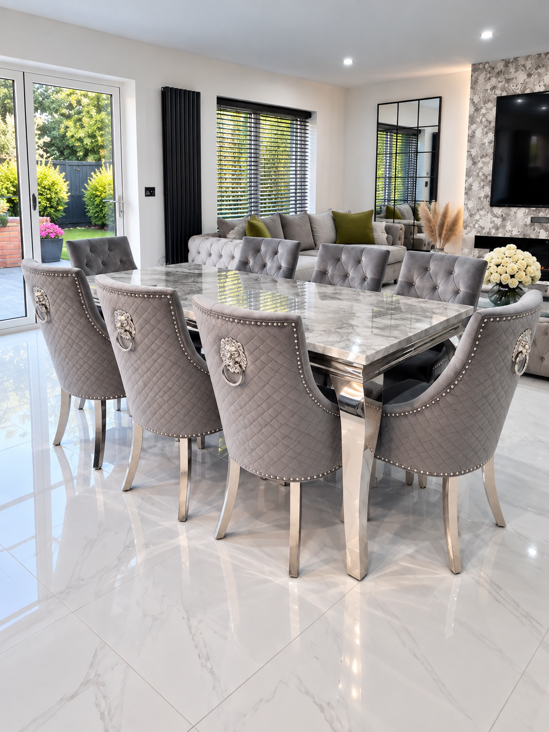 Louis Trafalgar Marble Dining Set – 8 Light Grey Lion Head Knockerback Chairs Wide Lifestyle View | Starlight Distribution

