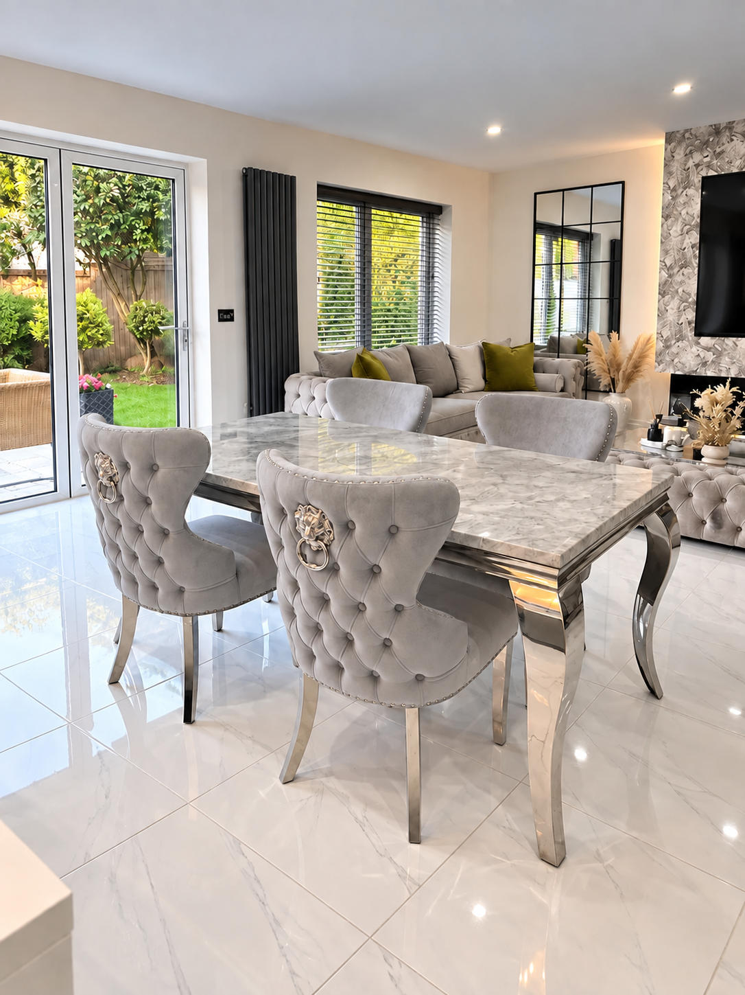 Louis Trafalgar Marble Dining Set – 4 Light Grey Chelsea Knockerback Chairs By Patio Doors | Starlight Distribution

