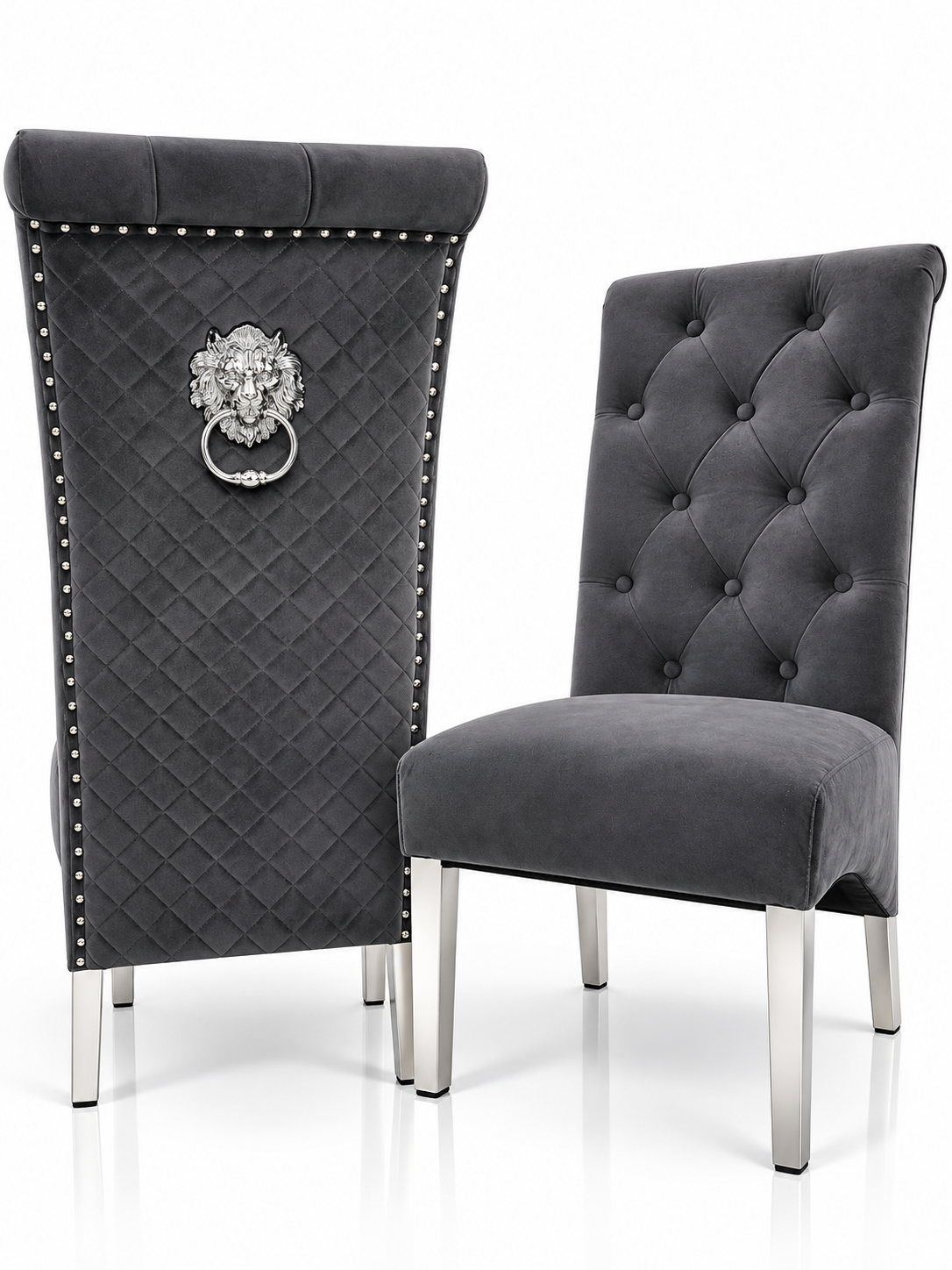 Set of 2 Dark Grey French Velvet Emma Chairs – Front and back view| Starlight Distribution