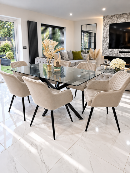 Amalfi Glass Dining Set – Beige Six-Chair Front View | Starlight Distribution
