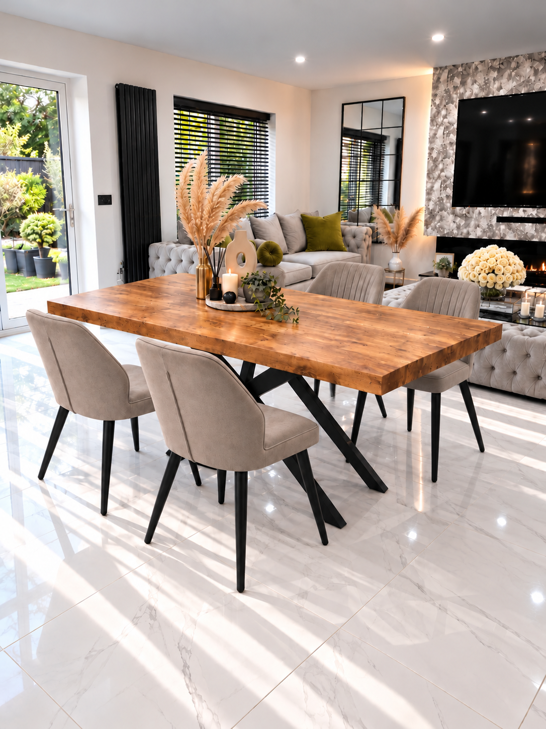 Arden Dining Set – Oak-Effect Table with 4 Mushroom PU Leather Chairs | Starlight Distribution