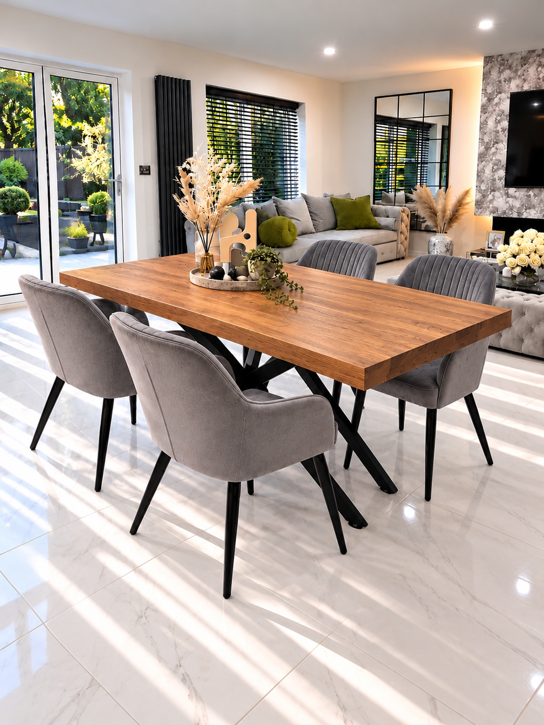 Arden Dining Set – Angled View of Oak-Effect Table with 4 Light Grey Velvet Chairs | Starlight Distribution