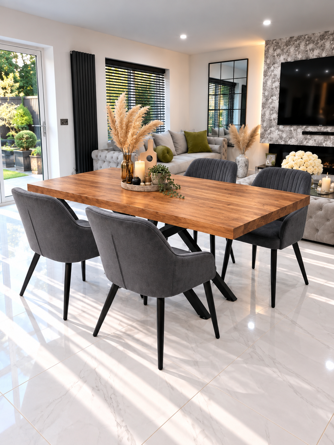 Arden Dining Set – Angled View of Oak-Effect Table with 4 Dark Grey Velvet Chairs | Starlight Distribution