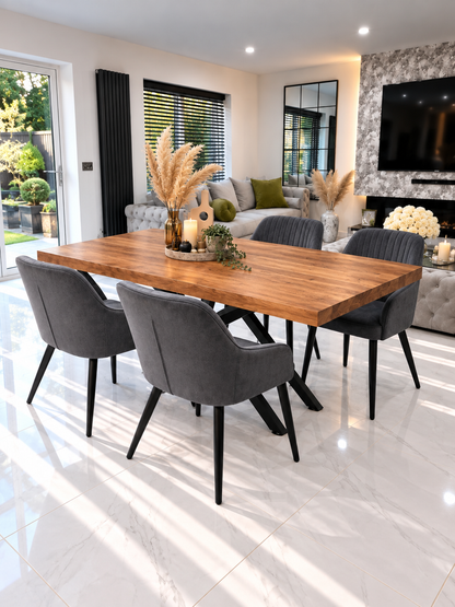 Arden Dining Set – Angled View of Oak-Effect Table with 4 Dark Grey Velvet Chairs | Starlight Distribution