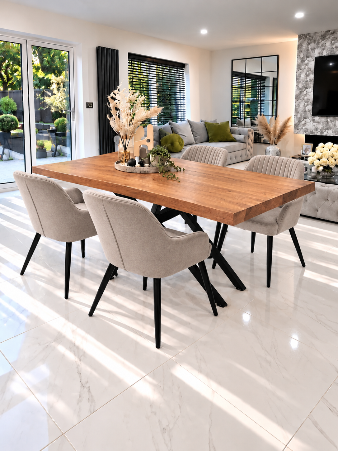Arden Dining Set – Angled View of Oak-Effect Table with 4 Beige Velvet Chairs | Starlight Distribution