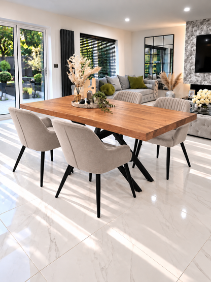 Arden Dining Set – Angled View of Oak-Effect Table with 4 Beige Velvet Chairs | Starlight Distribution
